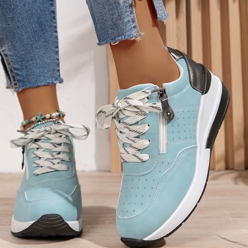 Women's Casual Zipper Platform Tennis Shoes Fashion Hidden Wedge Heel Sneaker Non Side Low-Top Lace-Up Solid Color with Comfor Walking Shoes2