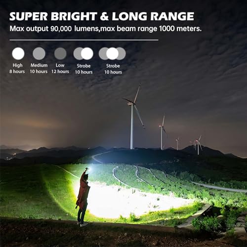 Rechargeable Flashlights 90,000 Lumens, Super Bright LED Flashlight High Lumens with USB Cable, 5 Modes Waterproof Flashlight Powerful Flash Light for Home Camping Hiking