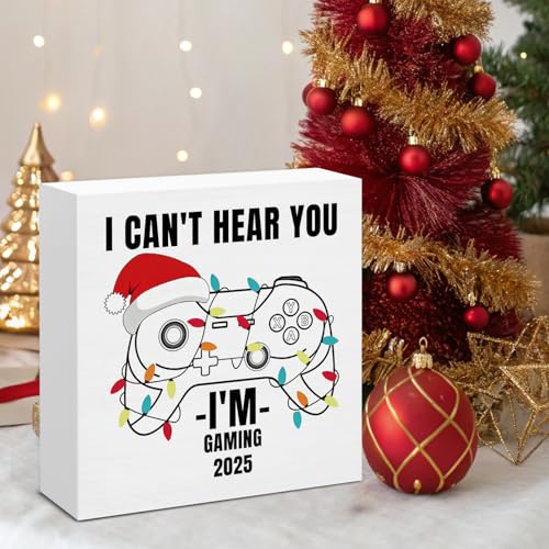 Image of Gaming Christmas Decor, Gamer Gifts, I Can't Hear You I'm Gaming Wood Box Sign, Christmas Home Office Decorations for Desk Table Shelf 5 X 5 Inches