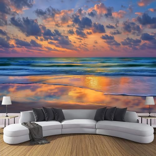 Papier Peint Panoramique 150×105cm, Revêtement Vue Sur La Mer Coucher Soleil, 3D Motif Nature Plage Mural Poster Geant Murale Décoration pour Chambre Salon...