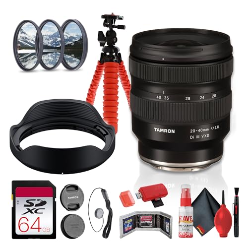 Tamron 20-40mm F2.8 Di III VXD Standard Zoom Lens for Sony E Full-Frame Mirrorless Cameras, Fast Constant Aperture + 64GB Memory Card + Lens Filter Kit + Flexible Tripod + Card Reader (8pc Bundle)
