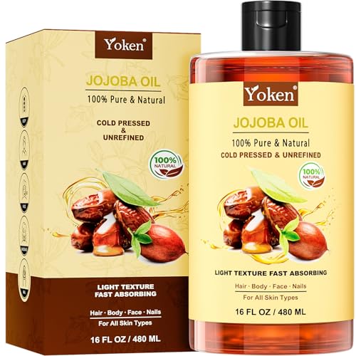 Yoken Pure Jojoba Oil Organic USDA Certified 16 fl oz, 100% Natural Jojoba Oil for Hair, Skin & Face, Cold Pressed Unrefined, Deeply Moisturizing Body Carrier Oils for Essential Oils Mixing