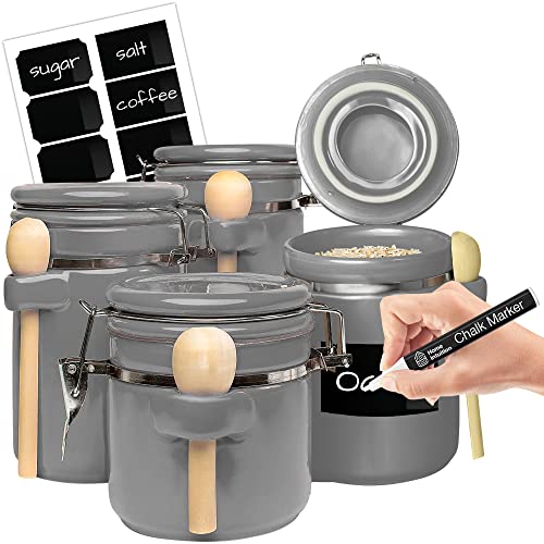 Home Intuition 4-Piece Ceramic Kitchen Canisters Set, Airtight Containers with Wooden Spoons Reusable Chalk Labels and Marker for Sugar, Coffee, Flour, Tea (Grey) by Home Intuition - Used condition - US$35.60