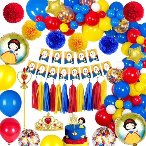Décoration Anniversaire Fille Blanc Neige, Kit Anniversaire Rouge Jaune Bleu avec 3D Feuille Confetti Ballons Pompoms Tesstel Bannière Crown Magic pour Fête Décoration Bébé Enfants 1 2 3 4 5 6 7 Ans