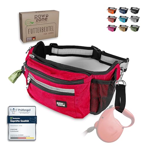 PAWZONE Futterbeutel Hunde - Leckerlibeutel für Hunde - Bauchtasche für Hunde Zubehör - Leckerlitasche für Hunde - Inkl. Reflektorband & Zusatzgurt für Flexileine (Feuerrot)