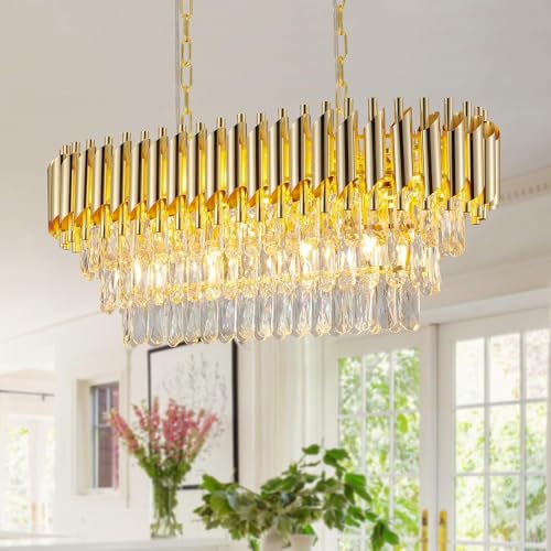 Image of Luxurious 800X300mm Gold Modern Chandelier with K9 Crystals | Warm White, Moonlight & Golden Light | Ceiling Hanging Light for Living Room, Dining Room, Bedroom, Hallway
