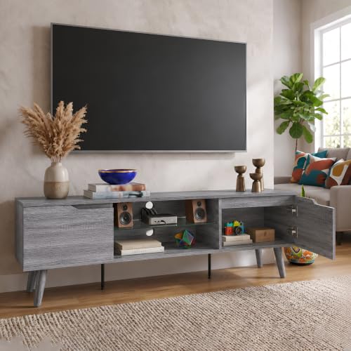 Image of Zenith TV Stand Entertainment Center & Modern Media Console Table for Living Room | Two Storage Doors | Tempered Glass Middle Shelf | Solid Wooden Legs | Space Gray
