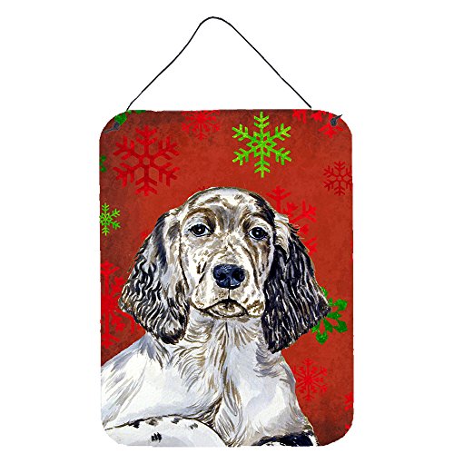 Caroline's Treasures LH9322DS1216 English Setter Red and Green Snowflakes Holiday Christmas Wall or Door Hanging Prints Aluminum Metal Sign Kitchen Wall Bar Bathroom Plaque Home Decor Front Door Plaqu