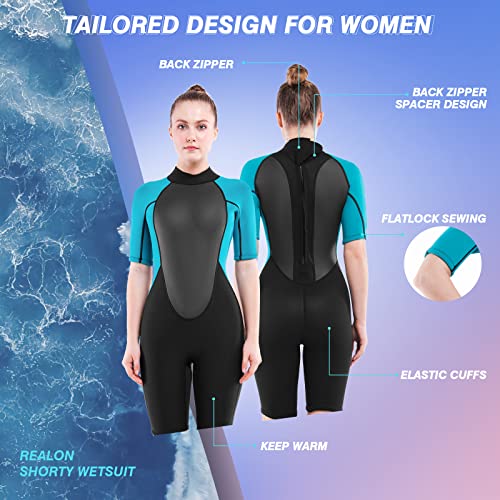 Realon Shorty Wetsuit Women 3Mm, Neoprene Adult Thermal Shortie Swimsuit, Short Sleeve Back Zip Wet Suit Keep Warm In Cold Water For Swimming Surfing Diving Snorkeling (3Mm Shorty Blue, Medium) #TOP2