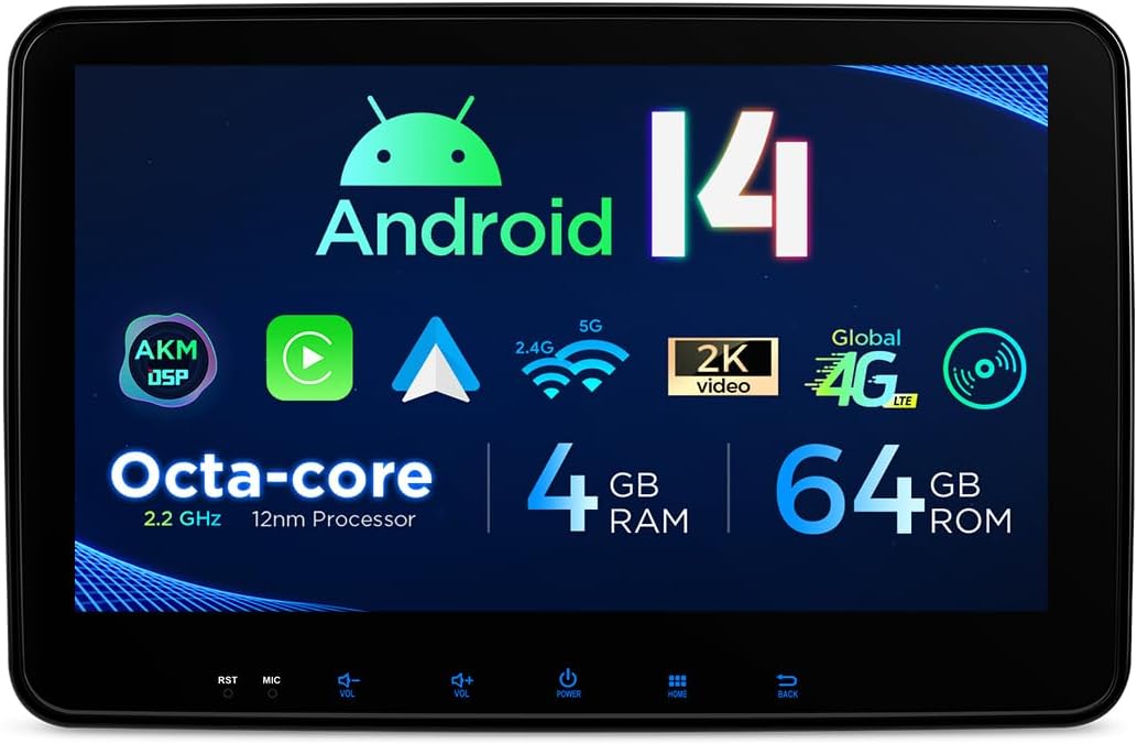 XTRONS TX123GS Autoradio with Android 14 interface, showing Octa-core processor, 4GB RAM, 64GB ROM, 2K video, 4G LTE, and DSP features.