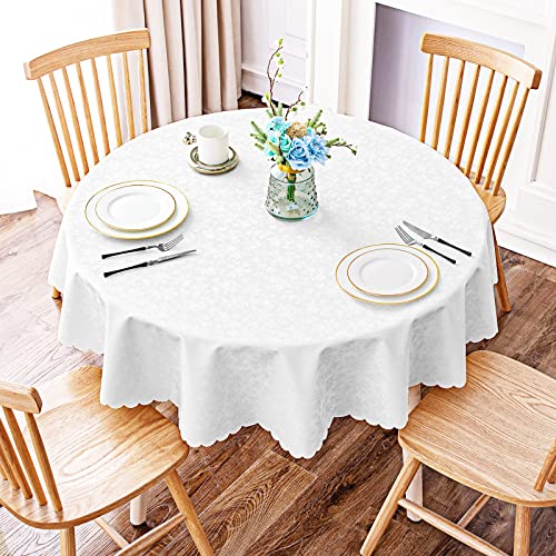 Image of Smiry Round Table Cloth, Waterproof Heavy Duty Vinyl Tablecloths, Wipeable Washable Table Cover for Kitchen and Dining Room (White, 60 inch Round)