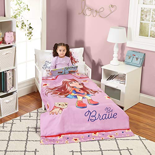 Image of EVERYDAY KIDS Precious Moments 4 Pc Toddler Bedding Set Starring Isabella The Super Hero and Her Dog Comforter, Flat Sheet, Fitted Sheet and Pillowcase in Lavender (Light Purple), White and Red