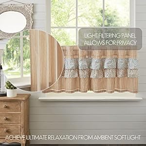 VHC Brands Kaila Country Cottage Ruffled Gold Ticking Stripe Curtain Tier Set 24Lx36W