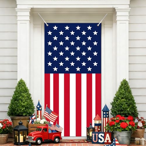 Image of BissYard American Flag Door Cover 71 x 35 Inches USA Flag Front Door Banner Patriotic Red White Blue Vertical Door Decoration for 4th of July Memorial Day Veterans Day