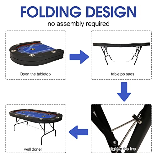 Koreyosh 10 Player Folding Poker Table 84'' Casino Poker Table Texas Holdem Poker Table Game Table With Stainless Steel Cup Holder(Blue) #TOP5