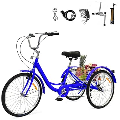 24 Zoll Dreirad für Erwachsene, 7 Gänge, 3 Räder mit Einkaufskorb für Erwachsene und ältere Menschen Outdoor Sports Stadt Vorstadt (Blau)