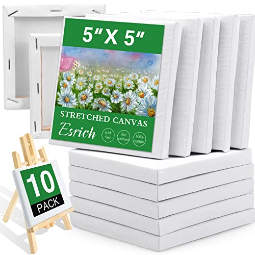 ESRICH Mini Stretched Canvas 10 Pack 5x5inch 2/5Profile Art Primed Canvases for Painting Cotton Small Professional Stretched Canvas for Kids and Art Supplies for Acrylics Oils.