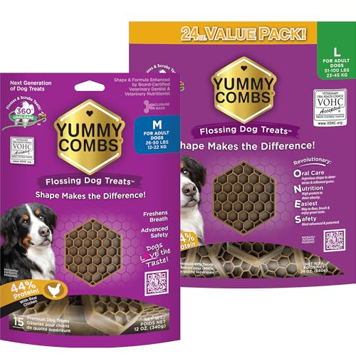 Yummy Combs Dog Dental Treats – Vet VOHC Approved – Delicious Chicken Protein – Removes Tartar with Cleaning Comb Shape – Medium 12oz & Large 24oz