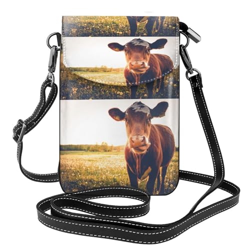 Portefeuille en cuir PU imprimé vache avec bandoulière fine pour femme