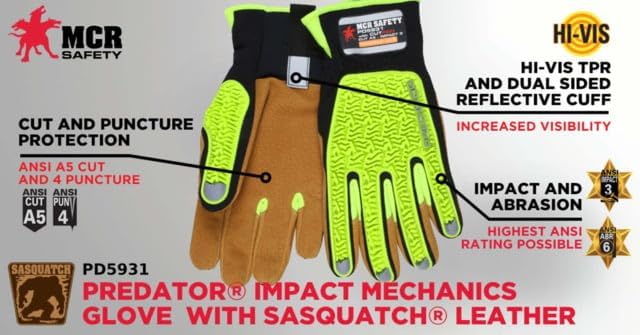 MCR Safety Predator Impact Mechanics Sasquatch Leather Palm Work Gloves, 2XL, PD5931XXL