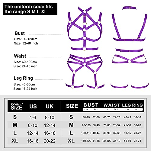 Women's Body Harness Adjustable Size Punk Gothic Bra Full Cage Garter Belt Hollow Out Belt Set Halloween Festival Rave (Purple) #TOP3