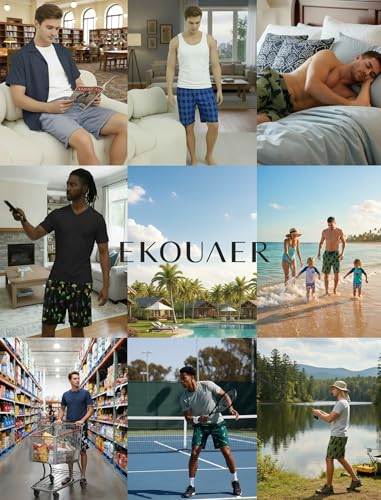 Image of Ekouaer Men's Pajama Shorts Soft Sleepwear Bottoms Elastic Waistband Loungewear Breathable Men Shorts with Pockets