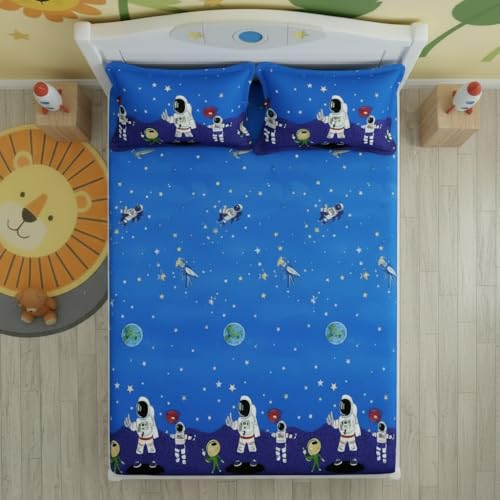 Image of Filymore Kids Double bedsheet Space and Astronaut Theme 240 TC Microfiber Soft Cartoon King Size bedcover for Kids Room (90x90 Inches)(SkyBlue and Grey)