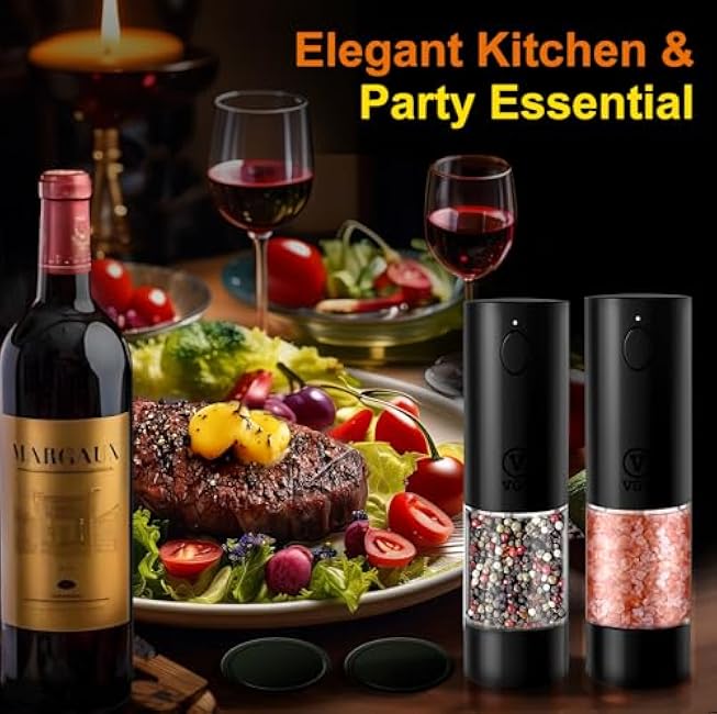 VGY Electric Salt and Pepper Grinder Set, 2 Pack Automatic Black Pepper Shakers with Dust Caps, Rechargeable Pepper Mills with LED Light, 5 Adjustable Coarseness Levels, 95ml-Washable Container