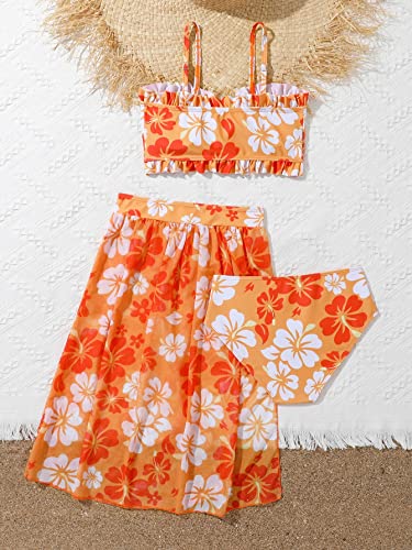 Makemechic Girl's 3 Piece Swimsuit Floral Knot Front Frill Trim Bikini With Cover Up Skirt Set Orange 8Y #TOP1
