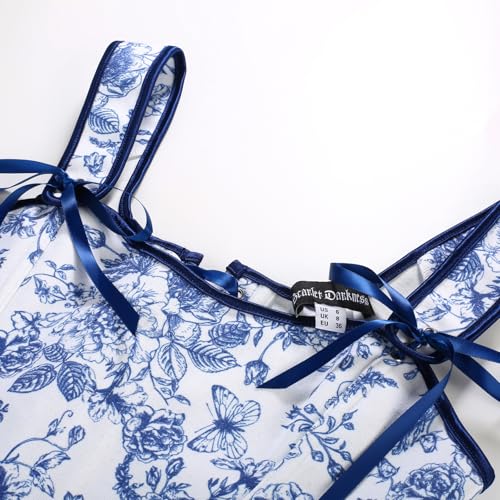 Image of Scarlet Darkness Corset Tops for Women Renaissance Costume Floral Lace Up Boned Bustier with Zip Blue and White Size 6
