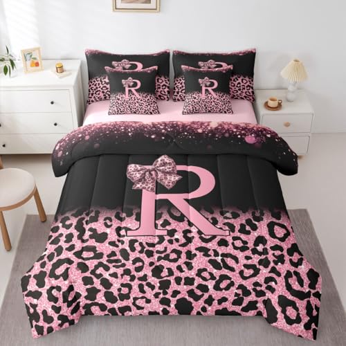 Image of Feelyou Girls Bow Comforter Set with Sheets 7 Piece Full Size Glitter Leopard Print Bed in a Bag Kids Boys Girls Initial Letter R Bedding Set Bedroom Decor Breathable Soft Lightweight Microfiber