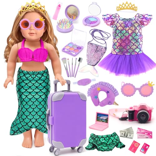 Image of HAPGFS American 18 Inch Doll Makeup Accessories and Travel Set Mermaid, Including Purple Suitcase Luggage Dress Eye Shadow Lipstick Eyelash Brush Dolls Travel Gear Play Set Gift for Birthday (NO Doll)