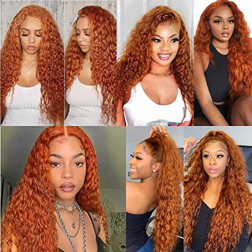 Image of Sunber Ginger Orange Water Wave Lace Front Wigs 13x5x0.5 T Part Human Hair for Women 10A Brazilian Virgin Hair #88J Burnt Orange Colored Wig Pre Plucked with Baby Hair 150% Density 18Inch