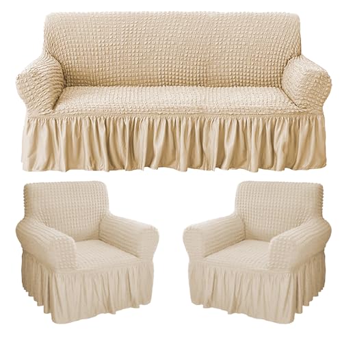 Image of House of Quirk Turkish Bubble Frill Five Seater 3 + 1 + 1 Sofa Slipcovers 280 GSM, Durable Washable Universal Triple Seater High Elastic Furniture Protector (Beige)
