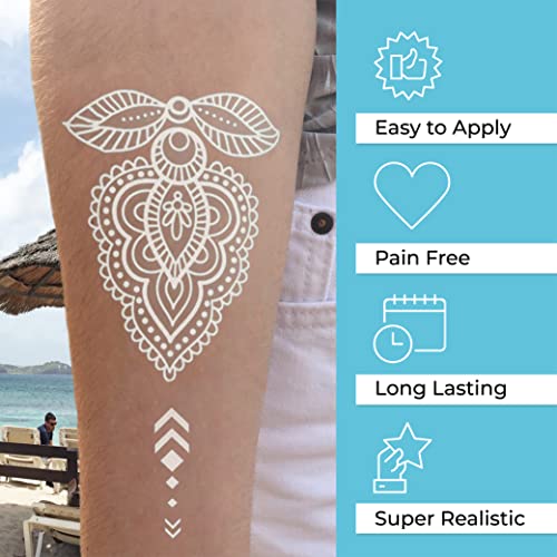 White Lace Temporary Tattoos For Women Teens Girls - 9 Sheets White Lace Fake Stickers - Bride Wedding Cool Tattoo Designs Jewelry Tattoos - 100+ White Flash Realistic Waterproof Transfer #TOP2