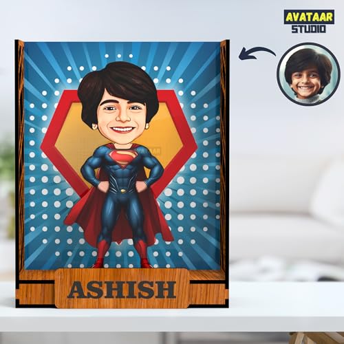 Image of Personalized Gift for Kids, Friends Character Caricature Photo Frame Unique Design Customized Gift for Children, Return Gift Idea (SUPERMAN, BOX)