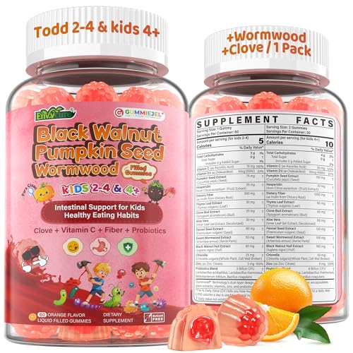 Toddler 2-4 & Kids 4+ Para Clean Gut Health Gummies w/Black Walnut, Wormwood, Clove, Pumpkin Seeds,...