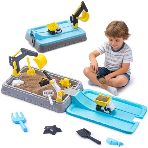 VROGTIK Kids Excavator Sandbox with Cover, Construction Sandbox Set with Beach Toys & Dump Truck, Outdoor Educational Play Set for Toddlers Ages 3-12