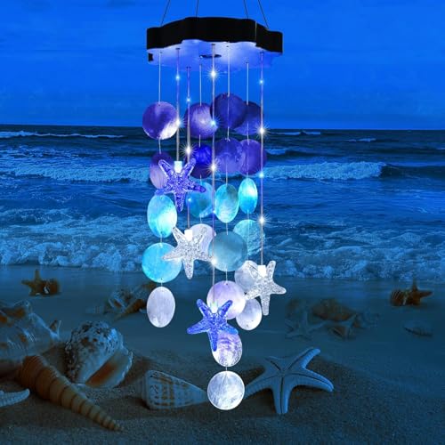 Toodour Solar Wind Chimes for Outside, Shells Light Gifts for Mom Grandma Women Wife Girls, Waterproof Solar Outdoor Decorative Mobile Light for Holiday Garden Porch Yard Outdoor Decor (White & Blue)