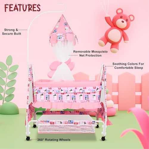 Image of New Born Baby Soft Seat Cradle with Swing and Mosquito Net, Four Wheels with Brake Lock for Swing Cradle /Jhula /Palna /Bed /Baby Safe for 0-2 Years (Pink)