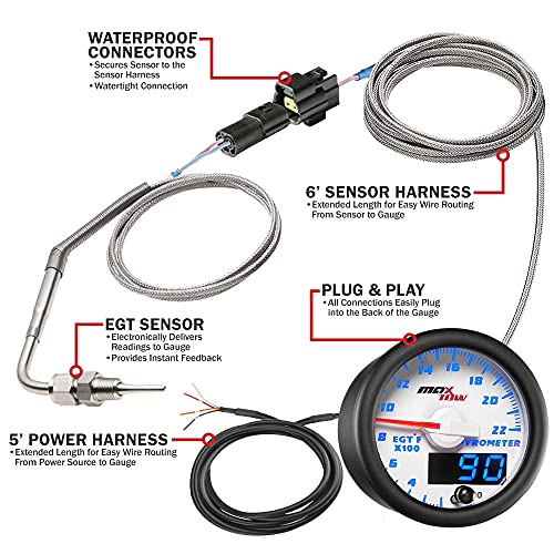 Maxtow Double Vision 2200 F Pyrometer Exhaust Gas Temperature Egt Gauge Kit - Includes Type K Probe - White Gauge Face - Blue Led Dial - Analog & Digital Readouts - For Gas Trucks - 2-1/16" 52Mm #TOP1