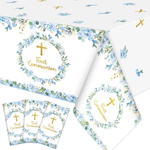 Ganeen 3 Pcs First Communion Tablecloth Disposable Plastic Baptism Table Cloth Christening Table Cover Waterproof for First Communion Decoration Baby Shower Religious Party Supplies 54 x 108 Inch