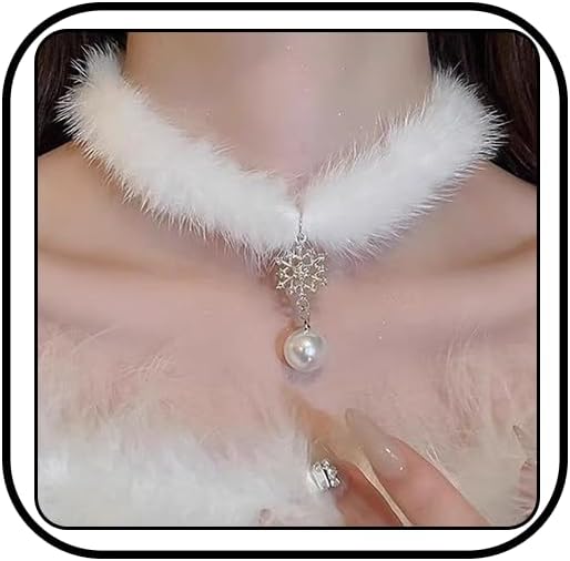 Christmas Snowflake Choker Necklace for Women Fluffy Pom Pom Necklace Snowflake Pearl Pendant Necklace Winter Christmas Jewelry