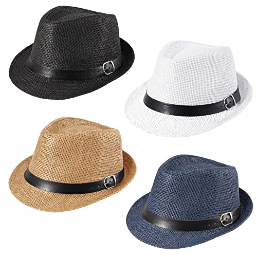 Ultrafun 4 Pack Kids Fedora Hat Short Brim Straw Trilby Jazz Hat Summer Sun Beach Cap for Boys Girls 5-8 Years (Black+White+Khaki+Navy)