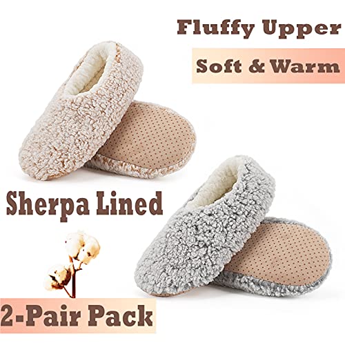 Cozylook 2-Pair Women's Soft Sole Slipper Socks with Grippers, Thick Warm Cozy Sherpa Lined Home Socks Set, Cable Knitted Non-slip Fluffy Winter House Bedroom Slippers2