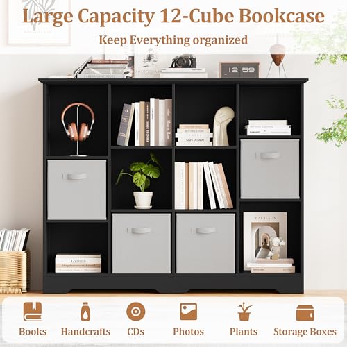 Image of 12 Cube Storage Organizer Shelf, Wood Cubby Storage with 6 Fabric Drawers, 3 Tier Wooden Bookshelf with 2 Adjustable Shelves & Fluted Side Panels for Bedroom, Living Room, Home Office, Black