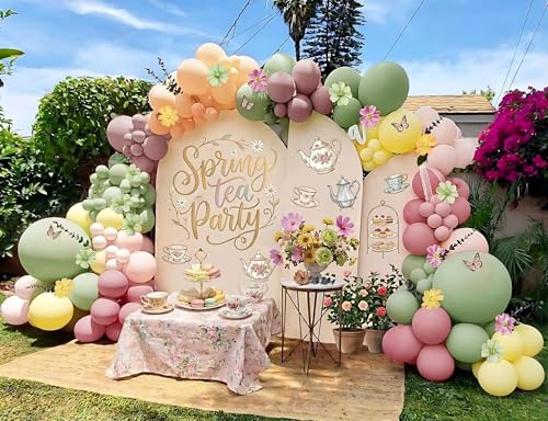 Image of Pastel Pink Yellow Green Balloon Arch with Artificial Flower Double Stuffed Dusty Green Pink Peach Mauve Balloon Garland Kit for Tea Party Wildflower Spring Birthday Baby Shower Fairy Party Decor