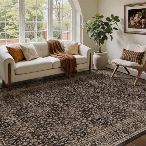 Jainmy Dark Brown Black Rugs for Living Room 6x9, Vintage Farmhouse Dining Room Rugs for Under Table, Washable Low Plie Carpet Rug for Bedroom, Non Slip Moroccan Floral Trellis Rug for Home Office