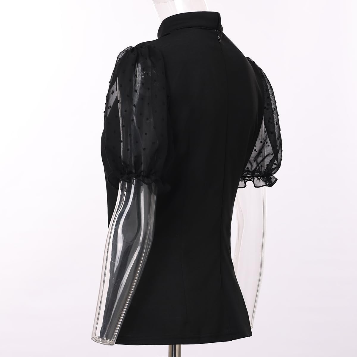 Womens Church Clergy Shirt Tab Collar Tulle Mesh Lantern Short Sleeves Slim Blouse Top - Image 5