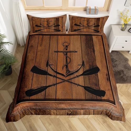 Nautical Anchor Bedding Set King Size for Bedroom,Lake Life Paddle Go Boating Themed Comforter Cover with 2 Pillowcases,Brown Retro Rustic Country Wooden Plaid Duvet Cover Set Microfiber Quilt Cover